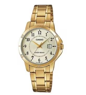 Casio Ladies Basic Water resistant Dated Golden Analogue Dial Golden Stainless Steel Band Dress Watch