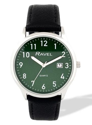 Ravel Mens Basic Silver case Dated Dial With Black Faux Leather Strap Watch Available Multiple Colour