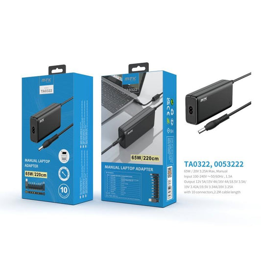 65W Manual Universal Laptop Charging Adapter, 10pcs "T" series tips, 1.2M Input: 100-240V 60Hz/50Hz 1.5A, Output: 12V-20V 3.25A Max, Black