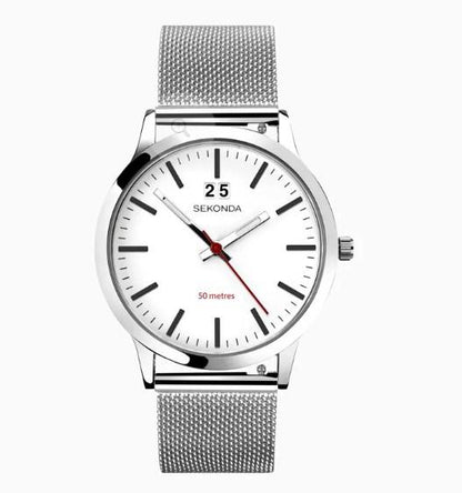 Sekonda Mens Fashion Dated 40mm 5ATM White Dial Silver Mesh Bracelet Watch 1940