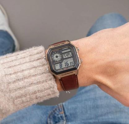 Casio Mens Sports LED military Digital World Time Alarm Brown Leather Strap Watch