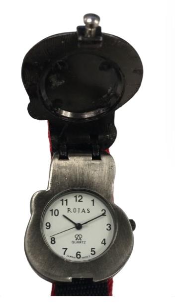 Rojas Children's Girls Boys Distinctive Selection Quartz Metal Folding Cover White Dial with Black/Red Velcro Strap Watch - CLEARANCE NEEDS RE-BATTERY