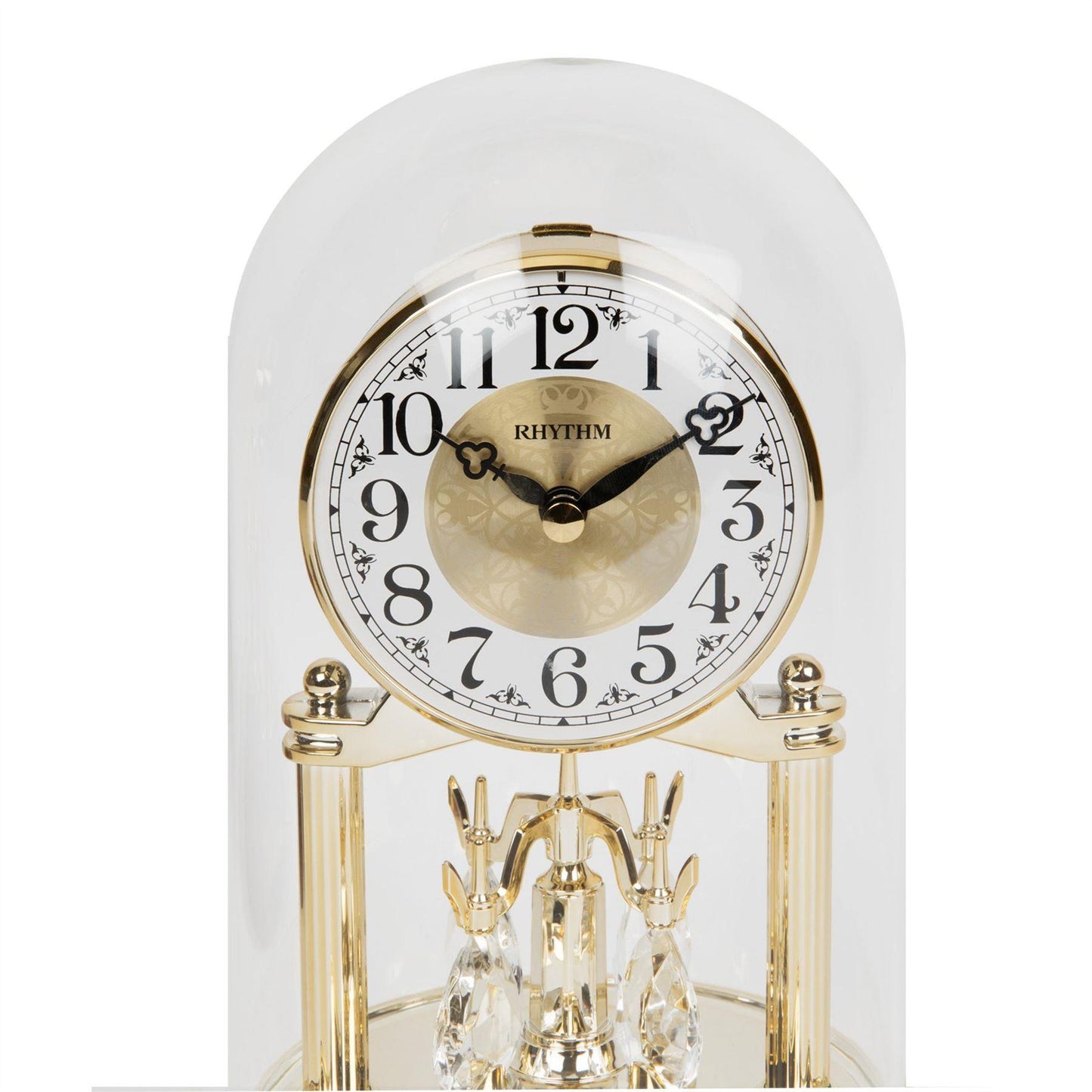 Rhythm Dome Glass Rotating Pendulum Gold Coloured Anniversary Mantel Clock