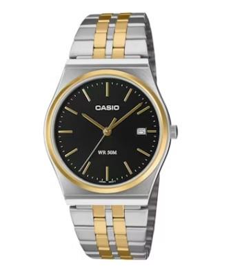 Casio Mens Basic Fashion Water resistant Dated Black Dial 2 Tone Stainless Steel Bracelet Watch