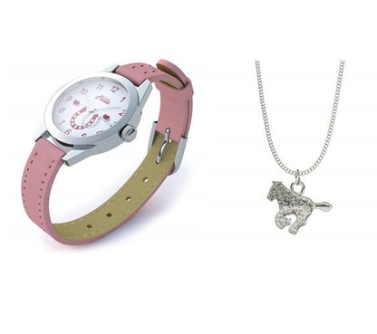 Relda Childrens Girls Pink Watch and Jewellery Gift Set for Kids with Silvertone Horse Necklace REL24 - CLEARANCE NEEDS RE-BATTERY