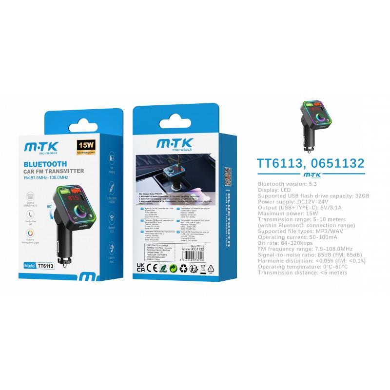 Bluetooth FM Transmitter, BT V5.3 with RGB Lights, Hands Free, Dual USB & PD 15W, Black TT6113