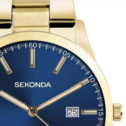 Sekonda Mens Fashion Dated Blue Dial Gold PVD Stainless Steel Bracelet Watch