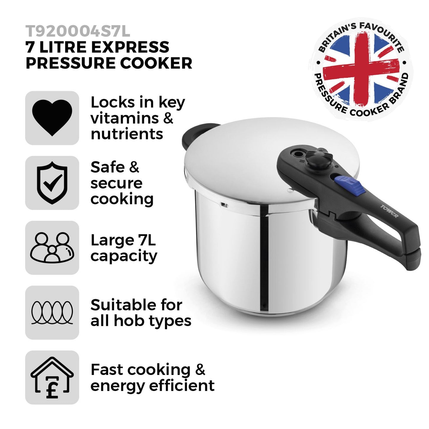 Tower Express 7 Litre Stainless Steel Pressure Cooker