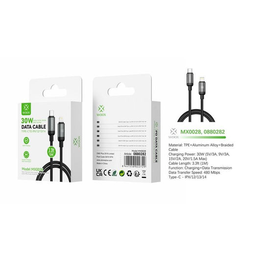Woox MX0028 Type C to Lightning Braided Data Cable, 30W, 3.3ft 1m, Black