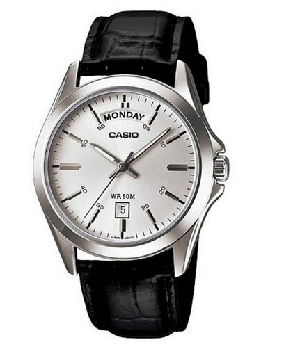 Casio Mens White Dial Leather Strap Day-Date Watch