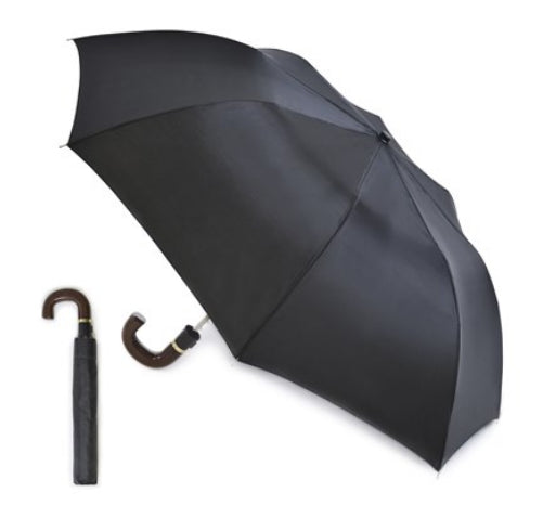 MEN'S AUTO FOLDING UMBRELLA WITH WOOD EFFECT HANDLE (BLACK)