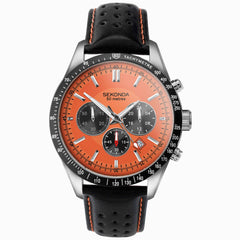 Sekonda Mens Velocity Chronograph Stainless Steel Case & Black Leather Strap with Orange Dial Watch  30020