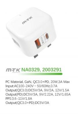 M.TK NA0329 TypeC 20W PD & USB 3A QC Wall Charger without Cable, White Woox