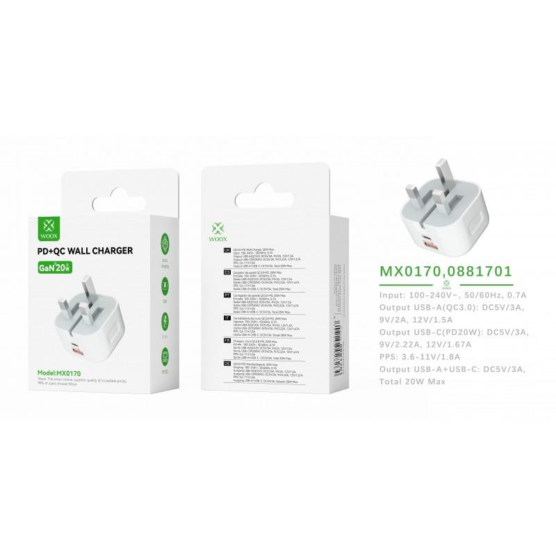 Woox MX0170 UK Folding Pin Type-C 20W PD & USB 3A QC Wall Charger without Cable, White