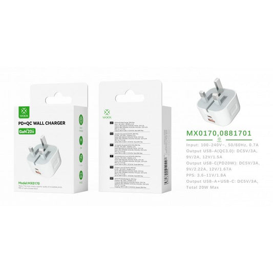 Woox MX0170 UK Folding Pin Type-C 20W PD & USB 3A QC Wall Charger without Cable, White
