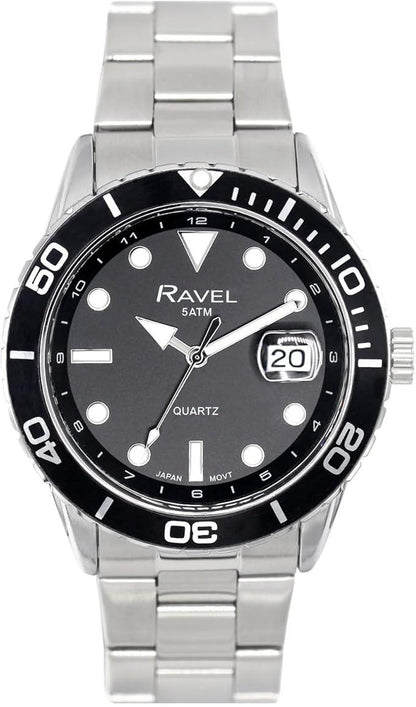 Ravel Mens Fashion Sports 42mm Round 5ATM Dated Dial Uni-Directional Bezel Silver Plated Bracelet Watch RPD-MB Available Multi Colors