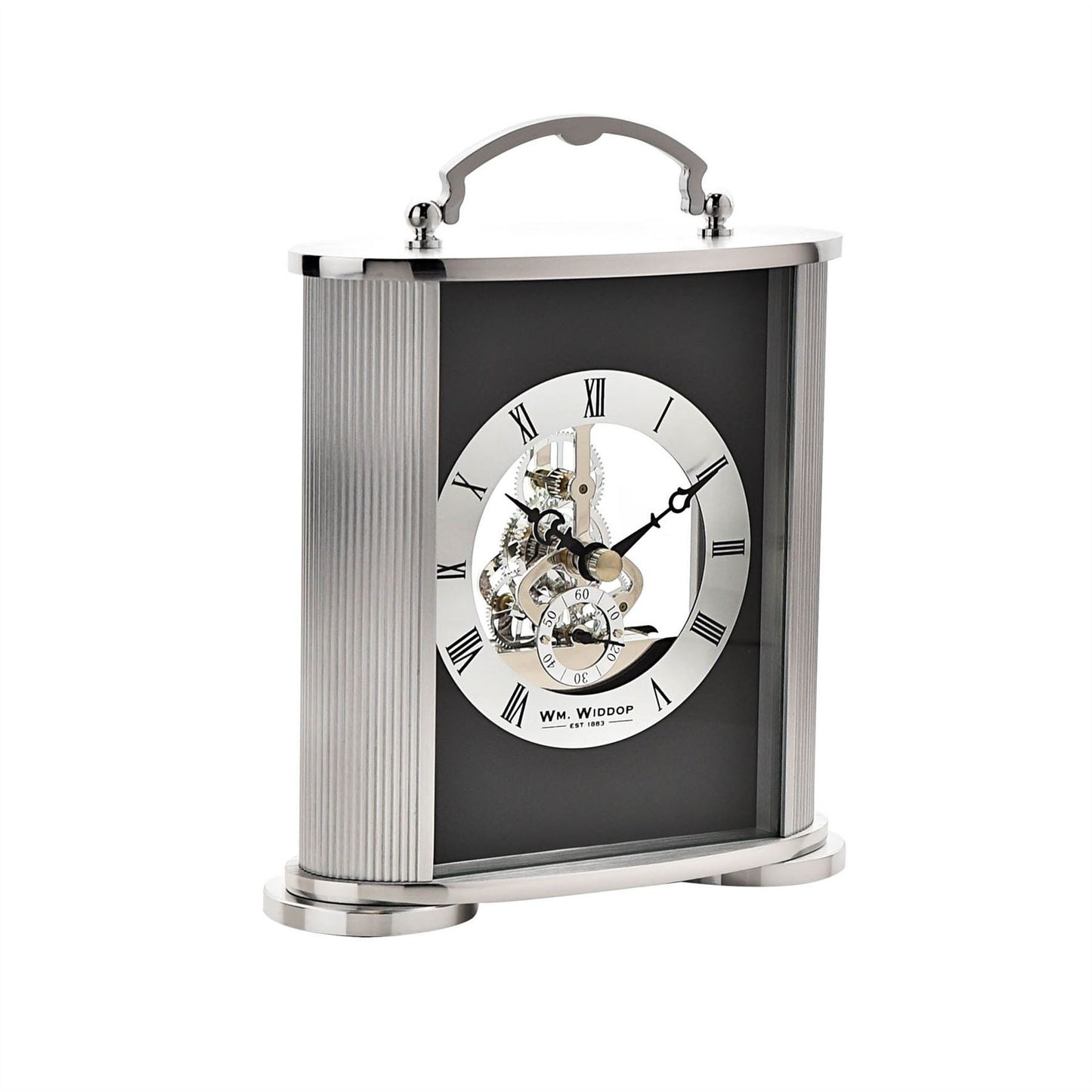 Wm. Widdop Silver & Black Mantel Clock Skeleton Movement