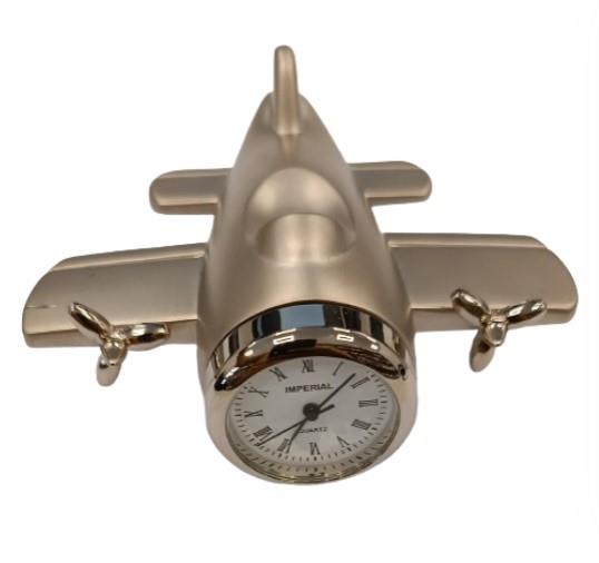 Miniature Clock Silver Tone Aeroplane Solid Brass IMP63S - CLEARANCE NEEDS RE-BATTERY