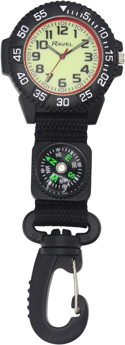 Ravel Mens Fashion Nylon Clip-On Carabiner with Compass and Luminous Dial Analogue Watch Available Multiple Colour