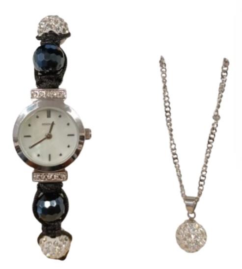 Sekonda Ladies Black & Diamante bangle Watch & Necklace Gift Set