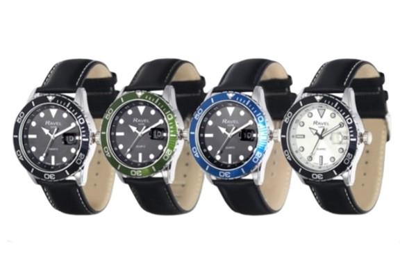 Ravel Mens Fashion Sports 42mm Round 5ATM Dated Dial Rotating Uni-Directional Bezel Black Leather Strap Watch RPD-M Available Multi Colors