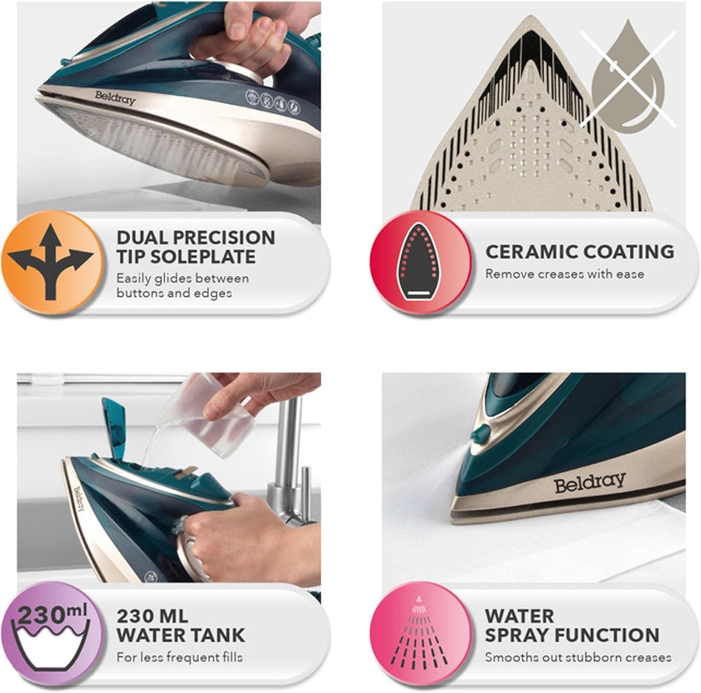 Beldray Duo Glide Steam Iron in Green and Gold - 2200w