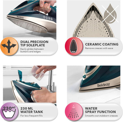 Beldray Duo Glide Steam Iron in Green and Gold - 2200w