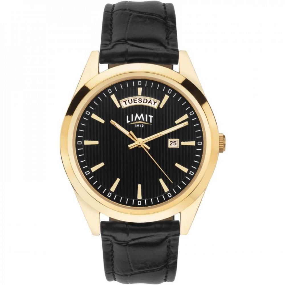 Limit Mens Gold Plated Black Dial Leather Strap Watch 5750