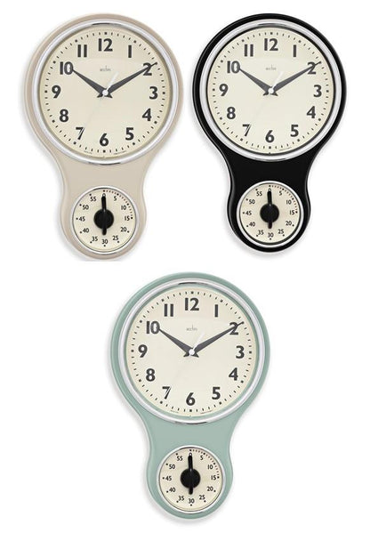 Acctim Kitchen Time 20cm Timer Quartz Retro Style Domed Glass Lens Wall Clock Available Multi Colour