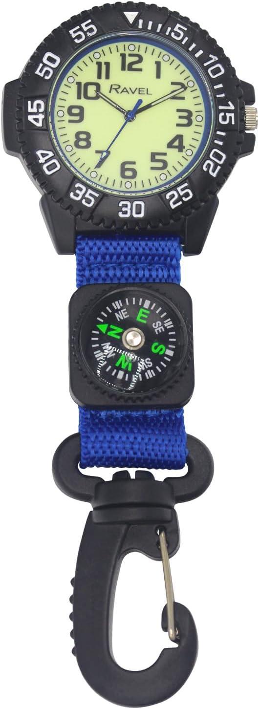 Ravel Mens Fashion Nylon Clip-On Carabiner with Compass and Luminous Dial Analogue Watch Available Multiple Colour