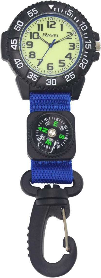 Ravel Mens Fashion Nylon Clip-On Carabiner with Compass and Luminous Dial Analogue Watch Available Multiple Colour