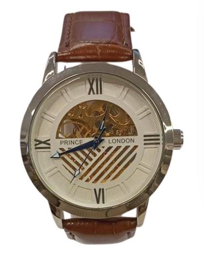 NY London Mens Automatic Dial Analogue Silver/Brown Leather Strap Watch