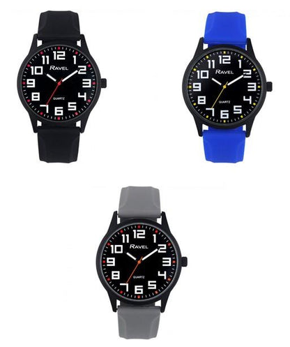 Ravel Mens Sports Black Dial Silicone Strap Watch Available Multiple Colour