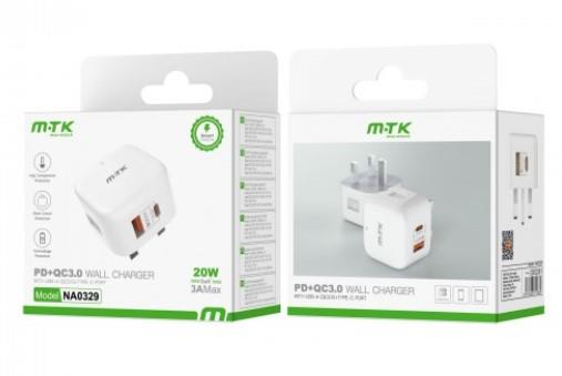 M.TK NA0329 TypeC 20W PD & USB 3A QC Wall Charger without Cable, White Woox