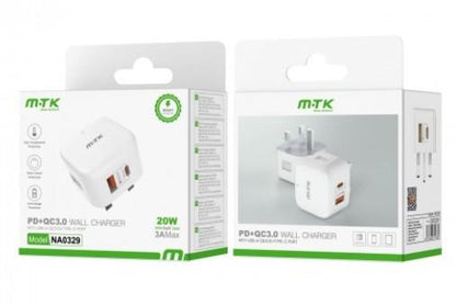 M.TK NA0329 TypeC 20W PD & USB 3A QC Wall Charger without Cable, White Woox