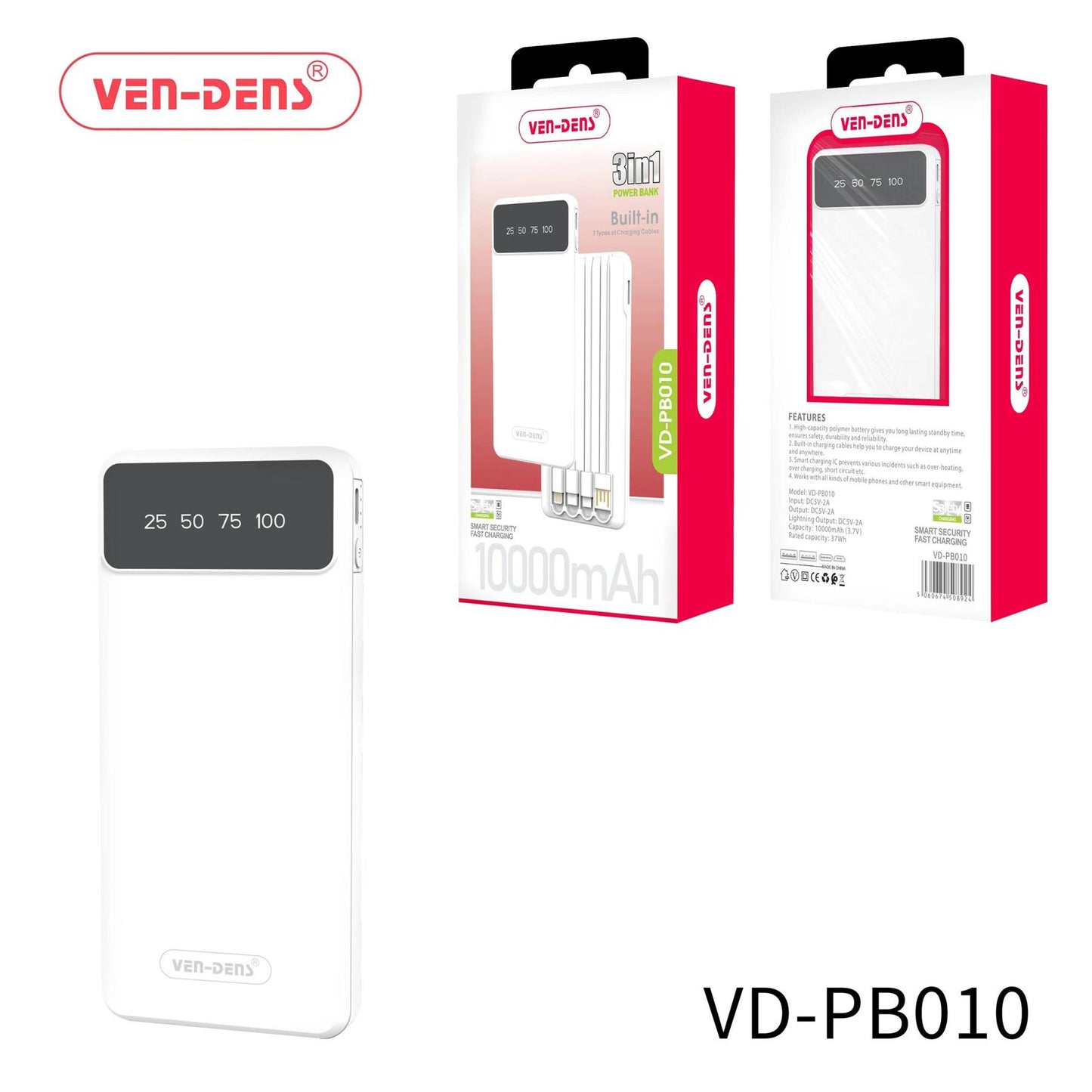 Ven-Dens Power Bank 10000mAh 3IN1 Built in Charging Cables