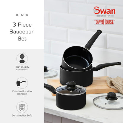 Swan Townhouse 3 Piece Sauce Pan Set Black