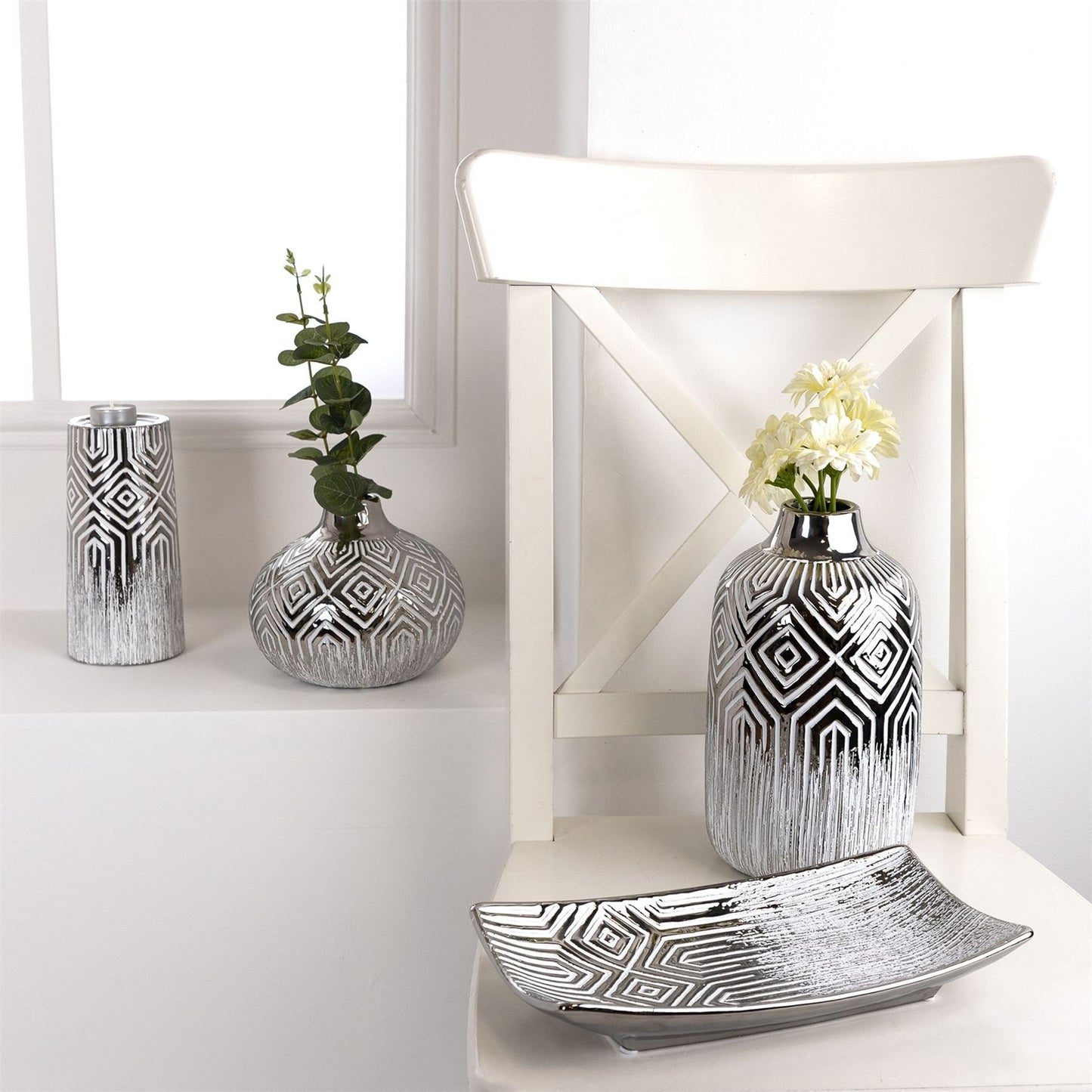 Silver & White Geometric Candle Holder 19.8cm