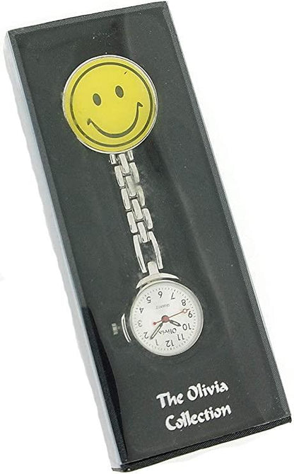 The Olivia Silver Metal Nurses Mens Ladies Clip-On FOB Watch With Yellow Smiley Face TOC56