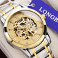 Longbo Mens Automatic Hollow mechanical Gold Plated Dial Analogue 2 Tone Metal Bracelet Strap Watch