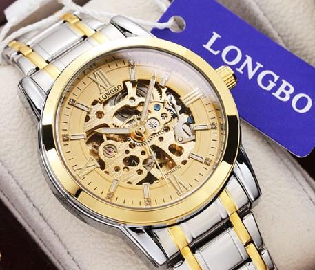 Longbo Mens Automatic Hollow mechanical Gold Plated Dial Analogue 2 Tone Metal Bracelet Strap Watch