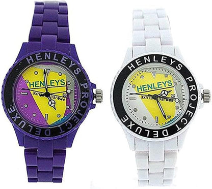 Henleys Project Deluxe Ladies 2 Funky Plastic Watch Gift Set Purple-White SUMMERTWIN CLEARANCE NEEDS RE-BATTERY