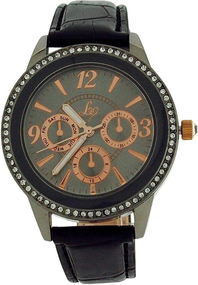 Lipsy London Ladies Bling Bezel Chrono Effect Dial Black Leather Strap Watch LP284 - CLEARANCE NEEDS RE-BATTERY