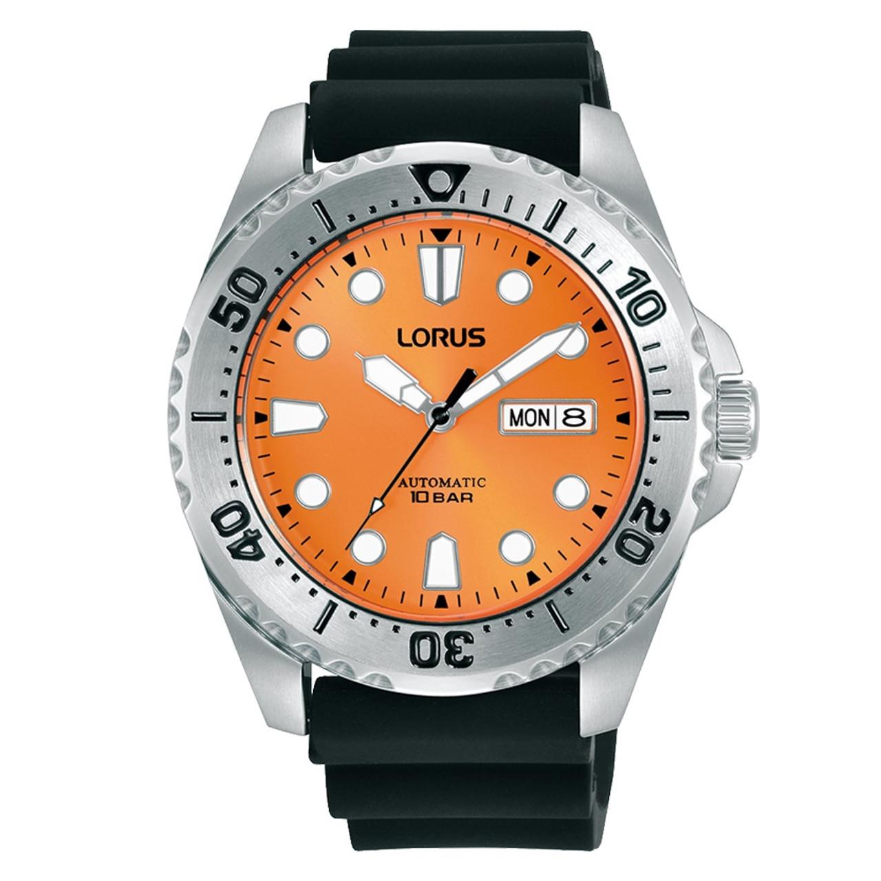 Lorus Mens Fashion Automatic Day/Date 44mm Orange Dial Black Silicone Strap Watch
