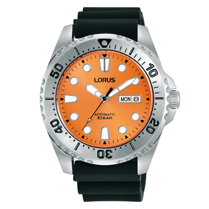 Lorus Mens Fashion Automatic Day/Date 44mm Orange Dial Black Silicone Strap Watch