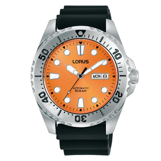 Lorus Mens Fashion Automatic Day/Date 44mm Orange Dial Black Silicone Strap Watch