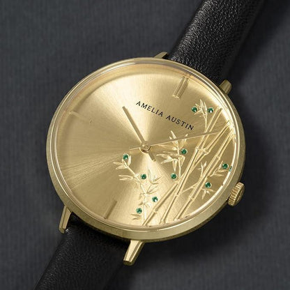 Amelia Austin Ladies Bamboo Black Leather Strap Green Stone Set Etched Dial Watch AA2014