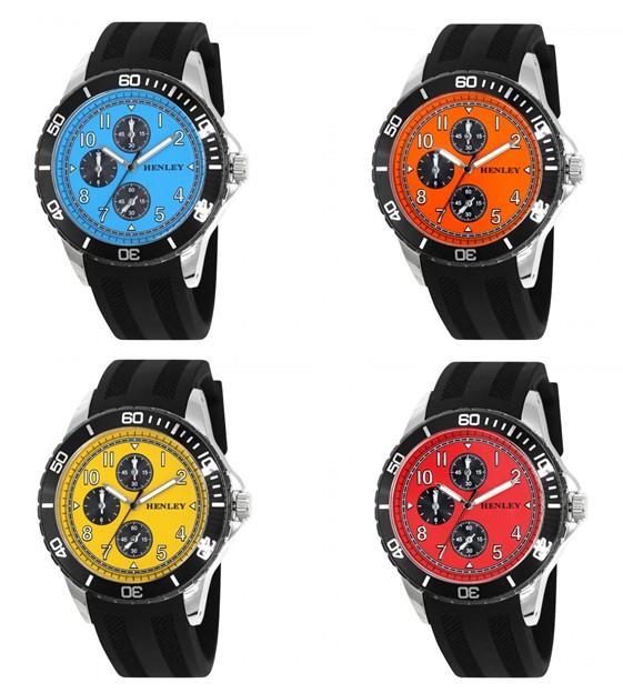 Henley Mens Multi Eye Polished Silver Sports Dial Black Silicone Watch H02229 Available Multiple Colour