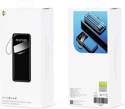WYEFLUX 10000mAh Portable Power Bank with Built-In Cables and LED Lights - Black