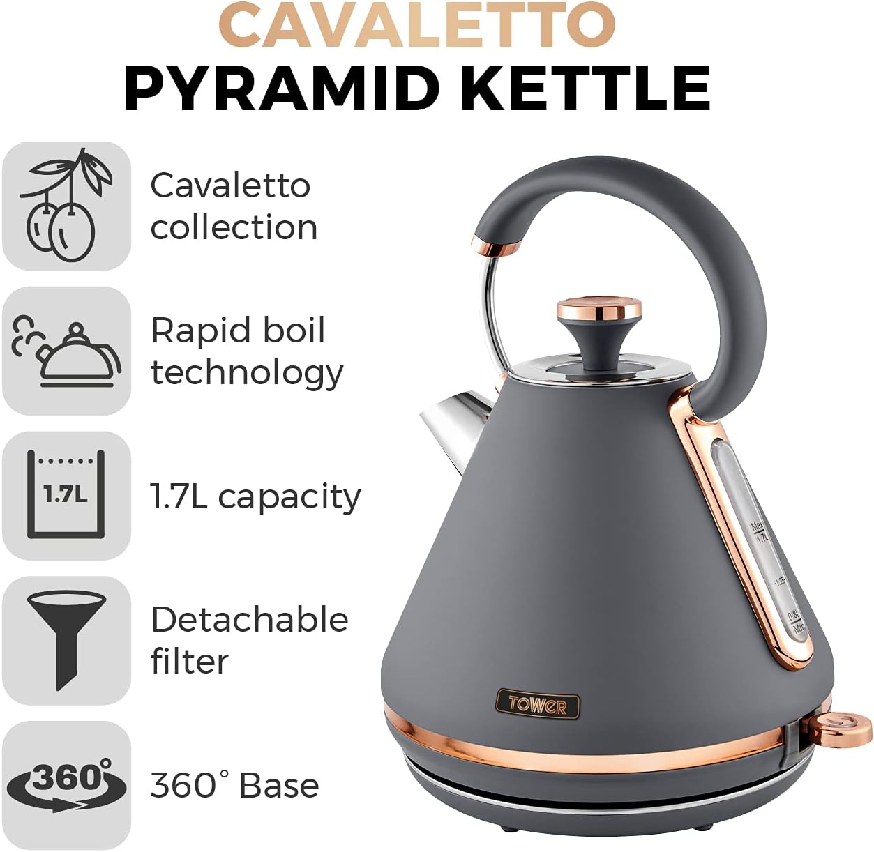 Tower Cavaletto 1.7L 3000W Pyramid Kettle - Grey/Rose Gold